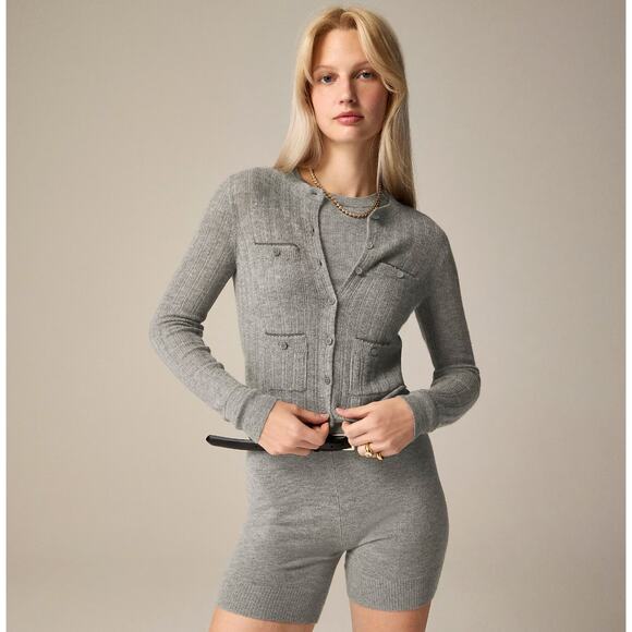 J.Crew Featherweight Cashmere Pointelle Shrunken Cardigan Sweater Gray L NWT - Picture 1 of 11
